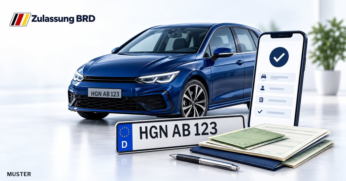 Online Fahrzeugzulassung in Landkreis Ludwigslust-Parchim: Musterkennzeichen HGN AB 123, Auto und Fahrzeugpapiere und Smartphone. Illustration mit Logo von Zulassung BRD.